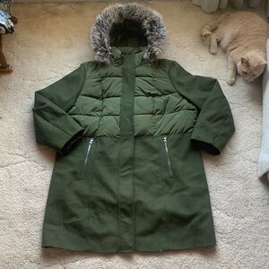 🆕Lands End Detachable Fur Hood Wool Puffer Winter Jacket Coat, Primaloft, Green
